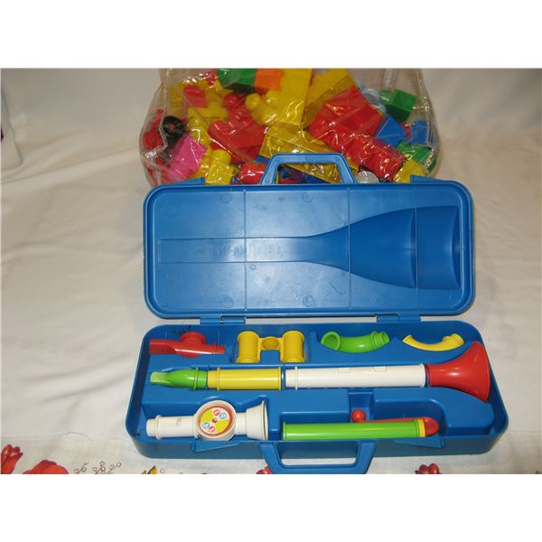 1984 Fisher Price Horn Set & Lot of Large Mega Bloks.