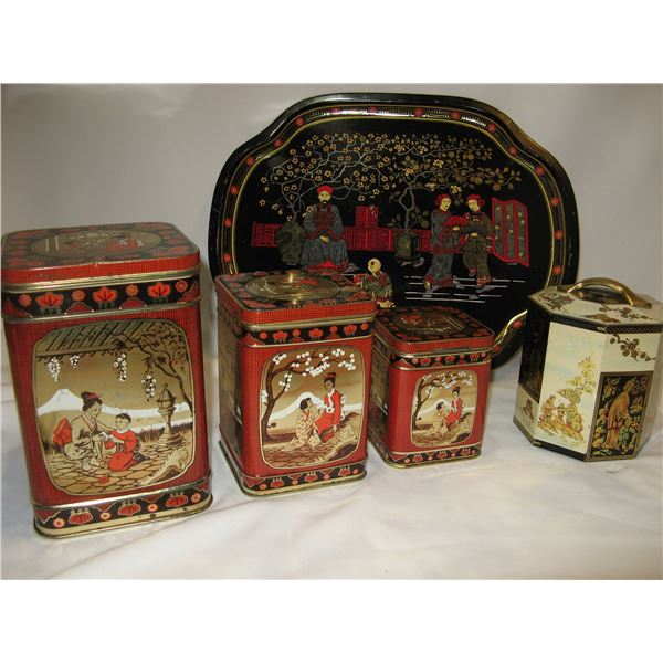 Vintage Asian Themed Canister Set, Metal Tray, Peek Frean Biscuit Tin