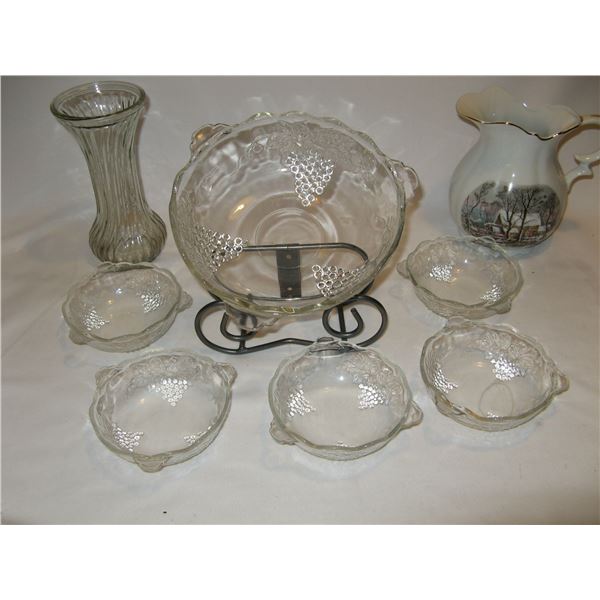 Vintage Grape & Vine Berry Bowl w 5 Berry Dishes, Hoosier Vase, Courier & Ives Pitcher