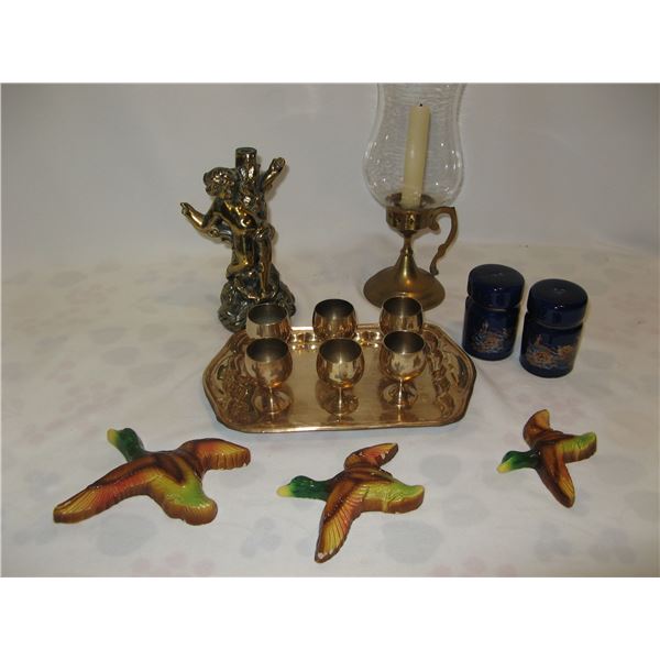 Lot of Brass Items, Favor Ware Duck Plaques, Cobalt Blue S&P Shakers