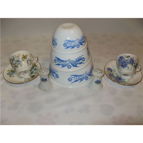 Dominion Glass Blue Onion Bowl Set, Cups & Saucers, S&P Set