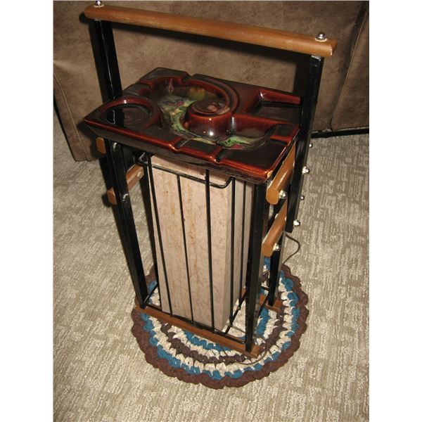 Vintage Retro Floor Lamp Ashtray w Fibreglass Shade & Wood/Metal Stand
