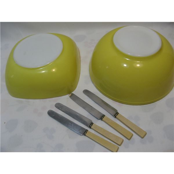 2 Yellow Pyrex Bowls & 4 Stainless Sheffield Knives