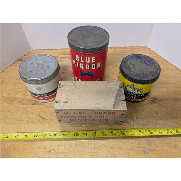 Vintage tins with antique wooden cheese box