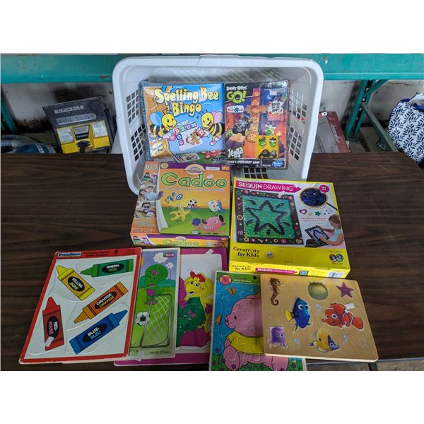 Basket of kids games and puzzles