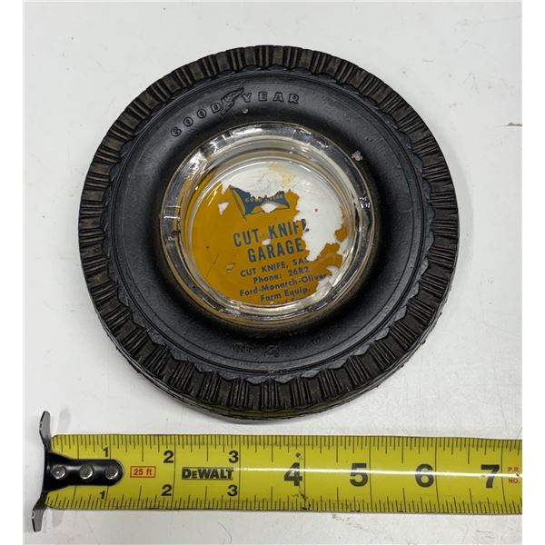 Vintage Goodyear promotional tire-shaped glass and rubber advertising ashtray.