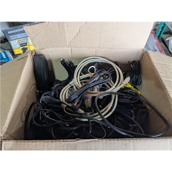 Box of assorted computer, tv, and stereo cables