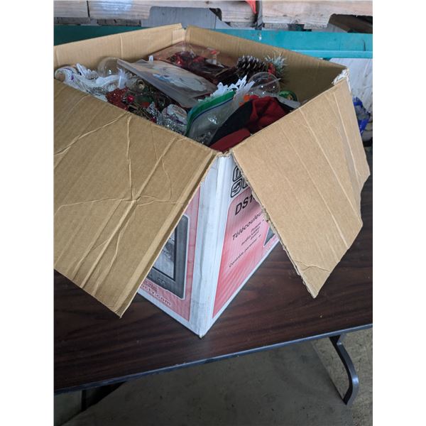 Large box of assorted Christmas decorations