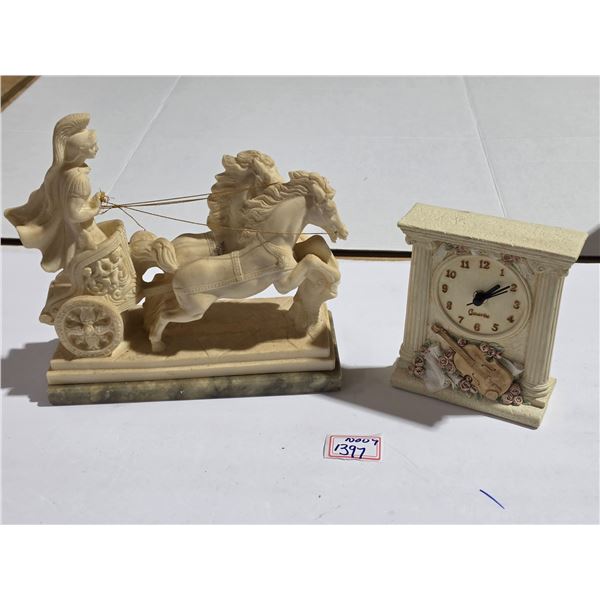 (2) Décor Items: Roman Chariot, Mantle Clock