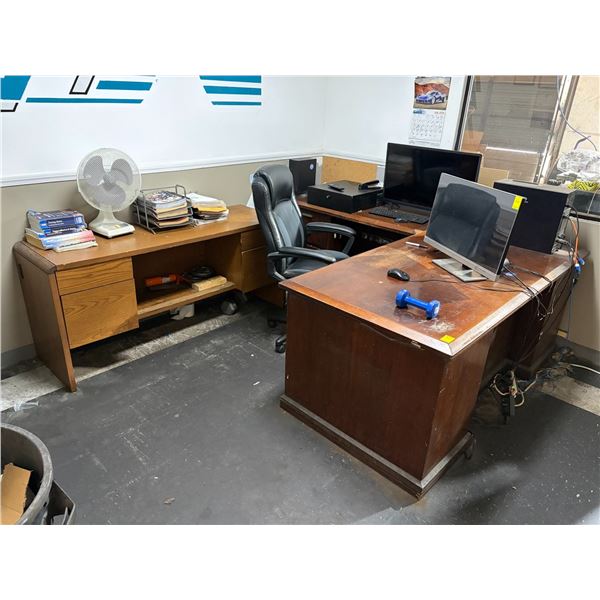 Mahogany Desk w/Return, Credenza, Wall Maps, Clock