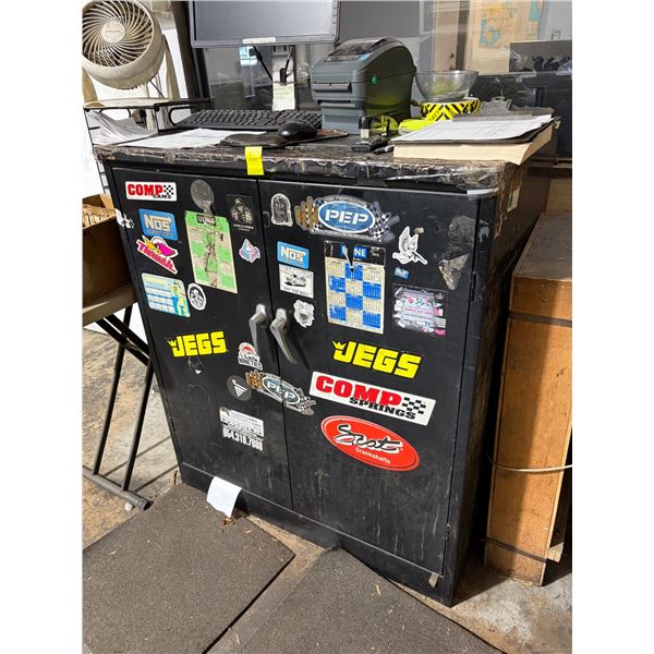 Black Metal Short Storage Cabinet, Label Printer, Fan, Computer Peripherals