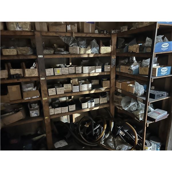 Large Lot Hardware on Wooden Shelves, Electric Motors - Bottom Shelf
