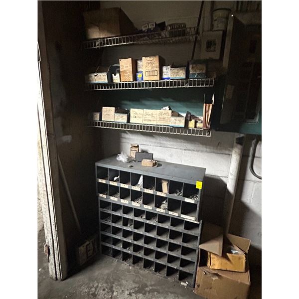 Grey Metal Bin Cabinet, Asst Hardware on Shelves