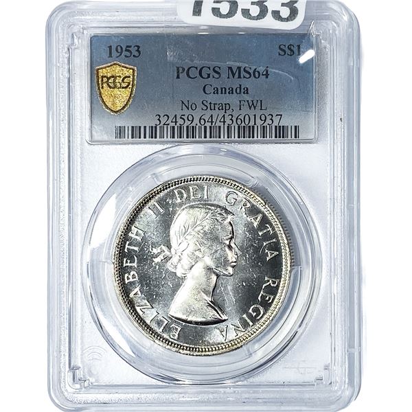 1953 Canada Silver Dollar PCGS MS65 No Strap, FWL