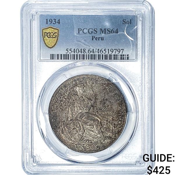 1934 Peru Silver 1 Sol PCGS MS64