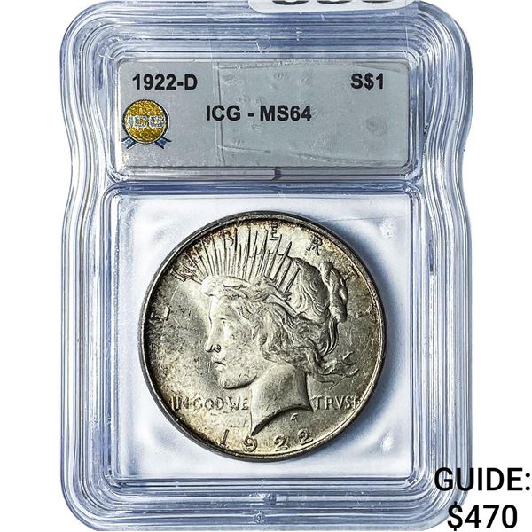 1922-D Silver Peace Dollar ICG MS64
