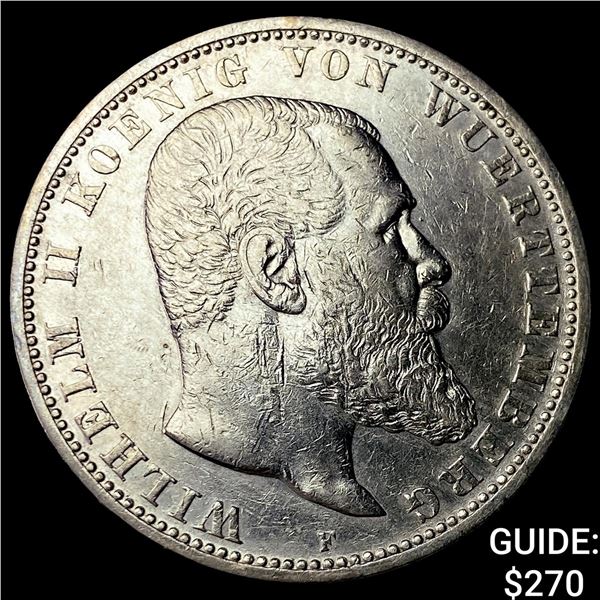 1902-F Germany, Wurttemberg Silver 5 Marks CHOICE AU