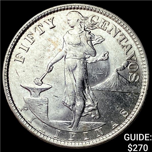 1921 Philippines Silver 50 Centavos GEM BU
