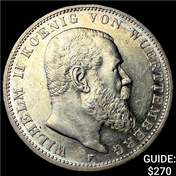 1914-F Germany, Wurttemberg Silver 3 Marks CHOICE AU
