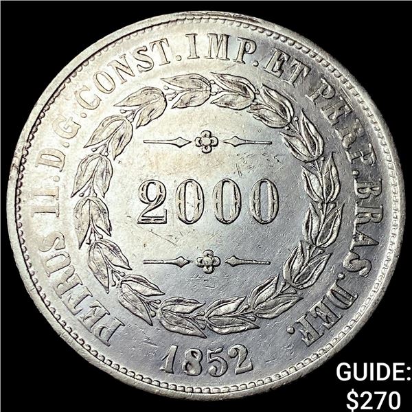 1852 Brazil Silver 2000 Reis CHOICE AU