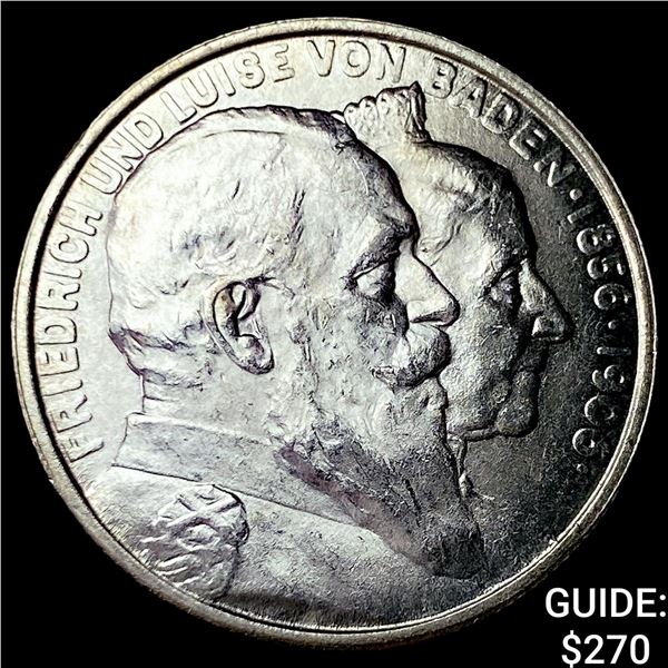 1906 Germany, Baden Silver 2 Marks GEM BU