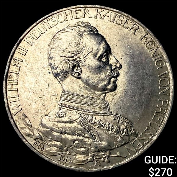 1913-A Germany Silver 3 Marks CHOICE BU