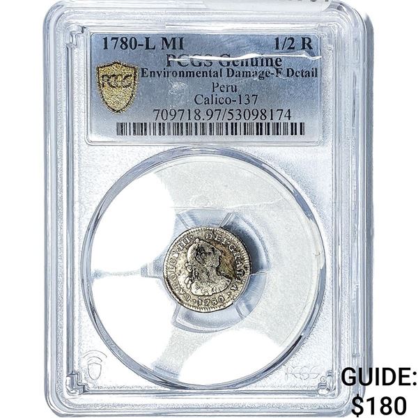 1780-L Colonial Spain Silver 1/2 Real PCGS F Details