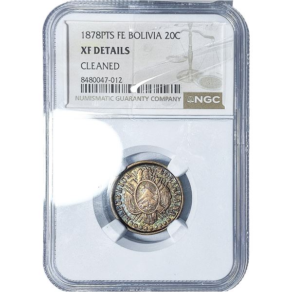 1878-PTS Bolivia Silver 20 Centavos Toned! NGC XF Details