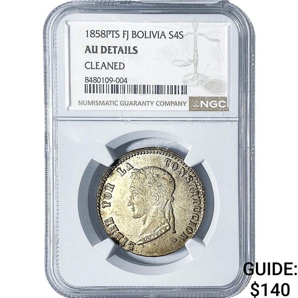 1858-PTS Bolivia Silver 4 Soles NGC AU Details
