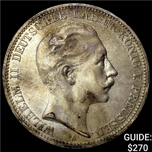 1910-A Germany, Prussia Silver 3 Marks HIGH GRADE