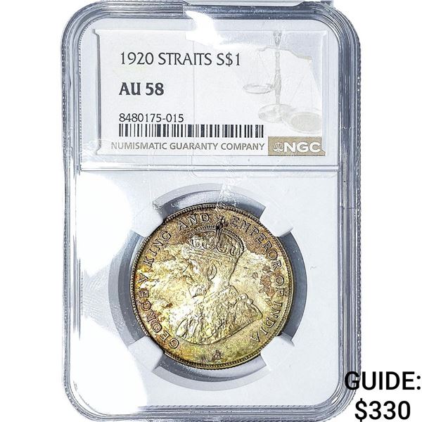 1920 Straits Settlements Silver 1 Dollar Toned! NGC AU58