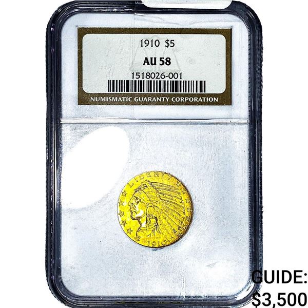 1910 $5 Gold Half Eagle NGC AU58