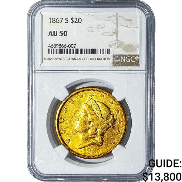 1867-S $20 Gold Double Eagle NGC AU50