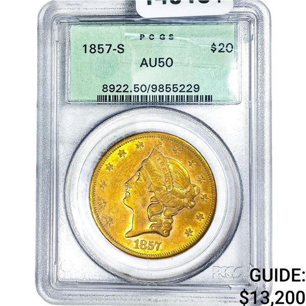 1857-S $20 Gold Double Eagle PCGS AU50