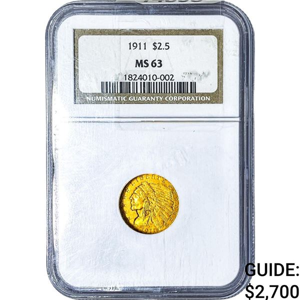 1911 $2.50 Gold Quarter Eagle NGC MS63