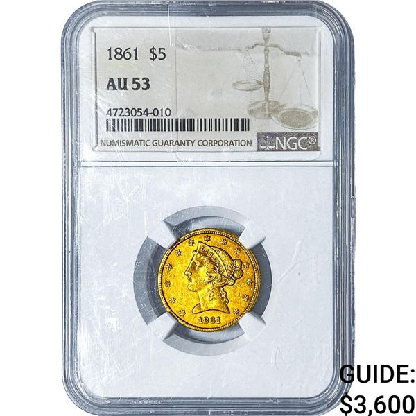 1861 $5 Gold Half Eagle NGC AU53