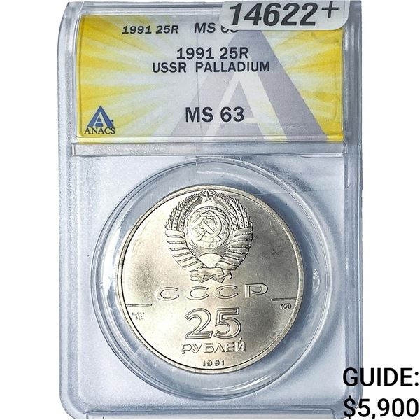 1991 USSR 1oz Palladium 25 Roubles ANACS MS63