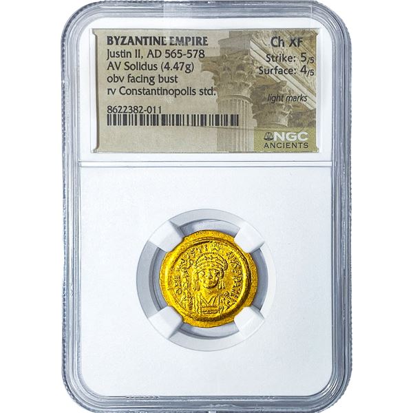 Byzantine Justin II AD 565-578 Gold Solidus NGC