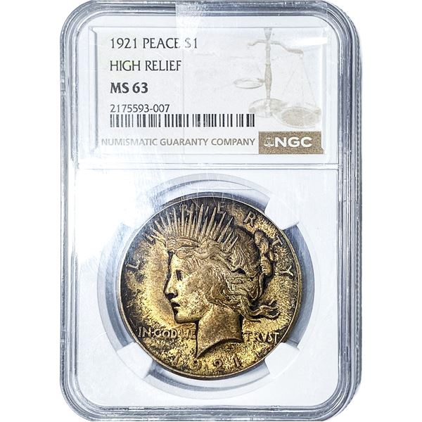 1921 Silver Peace Dollar NGC MS63 High Relief
