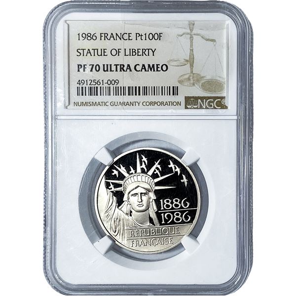 1986 France .643oz Platinum 100 Francs NGC PF70 UC