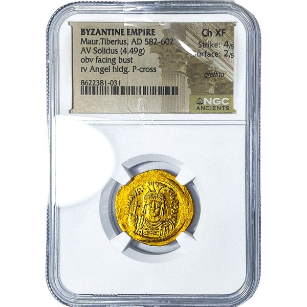 Byzantine Maur. Tiberius AD 582-602 Gold Solidus NGC CH XF