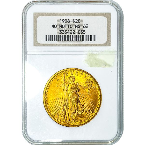 1908 $20 Gold Double Eagle NGC MS62 No Motto