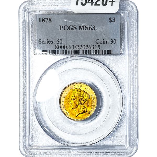 1878 $3 Gold Piece PCGS MS63