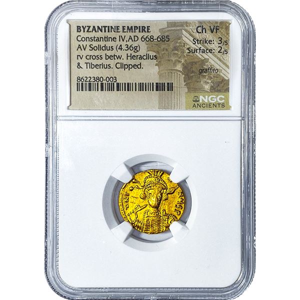 Byzantine Constantine UV AD 668-685 Gold Solidus NGC CFVF