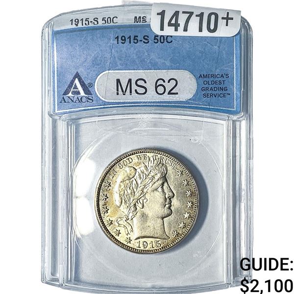 1915-S Barber Half Dollar ANACS MS62