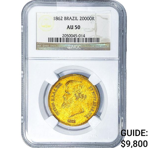1862 Brazil Gold 20000 Reis NGC AU50