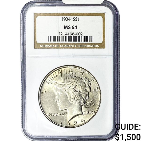 1934 Silver Peace Dollar NGC MS64