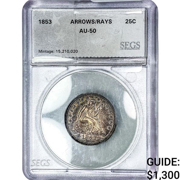1853 Seated Liberty Quarter SEGS AU50 Arrows&Rays