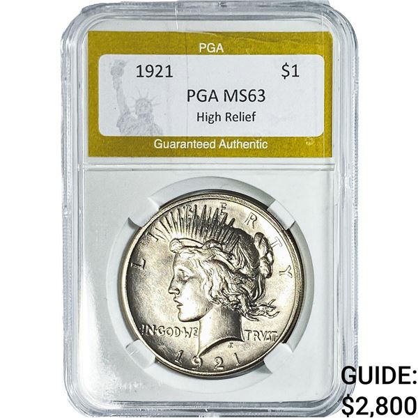 1921 Silver Peace Dollar PGA MS63 High Relief
