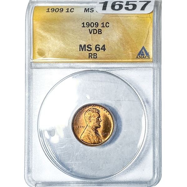 1909 Wheat Cent ANACS MS64 RB